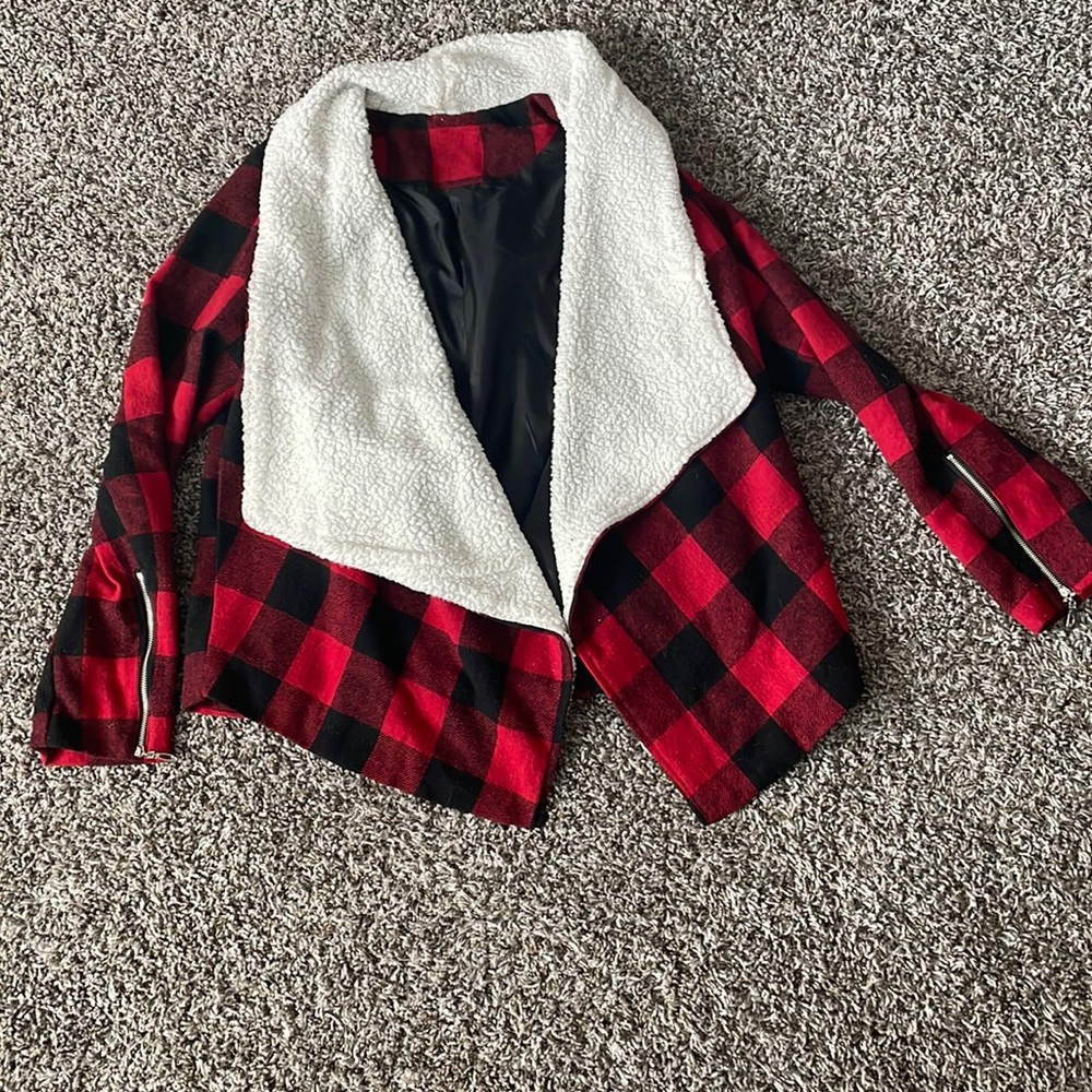 Black and red jacket with fleece collar and zipper sleeves